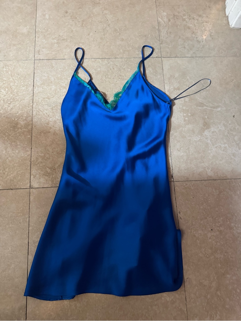 Zara Satin Slip Dress with Green Lace Trim